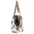 Sac de transport en tissu à motif tacheté beige et blanc, avec bandoulière réglable et ouverture sur le dessus.
