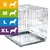 Wire pet crate shown with size options S, M, L, XL indicated by icons and text on coloured panels beside the crate. Wire pet crate shown with size options S, M, L, XL indicated by icons and text on coloured panels beside the crate.