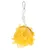 Balle suspendue recouverte de papier jaune, accrochée à une corde blanche avec mousqueton métallique visible en haut.