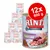 Pack de 12 latas de 800 g de comida para perros Rinti Kennerfleisch. Texto visible: 'Mit Schinken', 'Noch mehr natürliche Fleischstücke', 'NEU'. Imagen de carne en la etiqueta.