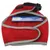 Red harness with label showing adjustable size 24-42 cm and lead length 1.20 m. Washable at 30 degrees Celsius. Barcode and manufacturer details visible.