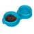 Gamelle double pliable en silicone bleu, une coupelle remplie de croquettes, l’autre vide avec motifs en relief au fond. Convient pour nourriture et eau.