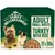 Adult small breed turkey with rice, 12 packs of 90g each. Image shows food pieces and two small dogs.