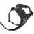 Black dog harness with adjustable straps, padded inner material and metal ring for lead attachment.