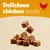 Text reads 'Delicious chicken treats' with image of brown cube-shaped treats and a chicken silhouette.