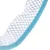 Close-up van wit netmateriaal met zwart ruitpatroon en turquoise rand.