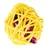 Pelota amarilla de material trenzado con detalles brillantes rosas en el interior.