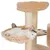 Cat tree with beige plush and sisal posts, cat lying relaxed in a hammock. Multiple levels visible.