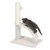 Arbre à chat beige avec poteau en sisal, arche recouverte de tissu, brosse verticale blanche et balle suspendue, chaton gris dessus.