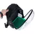 Sac à dos noir ouvert avec coque transparente, grille verte intérieure et aérations rondes visibles sur le côté. Filet de ventilation latéral également visible.