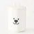 Boîte blanche en céramique avec couvercle orné d’un os et visage de chien dessiné sur le devant, sans marque visible.