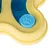 Jouet en plastique jaune et bleu avec empreinte de patte sur un bouton rond, forme ondulée visible, sans marque apparente.