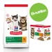 Hill's Science Plan Kitten <1, croquettes au poulet et sélection volaille, texte visible : 'Supports immunity & healthy growth in kittens', pastille verte Bi-nutrition, photos de chatons.