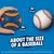 Palla Chuckit! blu e arancione da 7,6 cm accanto a una palla da baseball di pari dimensioni, testo visibile: 'Chuckit!', '3 in 7.6 cm', 'ABOUT THE SIZE OF A BASEBALL'.