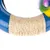 Toy ring made of blue plastic with sisal rope and colourful feathers.