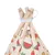Haut d'une tente tipi pour animaux avec montants en bois et toile imprimée de motifs pastèque, citron et glace. Corde blanche visible autour des bâtons.