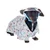 Hund iført blåt sommeroutfit med farverigt mønster og matchende skyggehat. Outfit viser strandmotiver som parasoller, krabber og blomster.