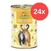 GranataPet DeliCATessen Huhn PUR, 24x Dose. Ohne Getreide, Granatapfelkerne, Lachsöl, Grünlippmuschel. Illustration von zwei Katzen auf gelber Verpackung.