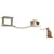 Arbre à chat mural en bois avec plateforme, pont suspendu, cube avec ouvertures tête de chat et étagères. Un chat roux assis sur une des étagères.
