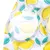 Tissu blanc avec motif citrons jaunes et feuilles vertes, coutures visibles autour d’une ouverture ronde. Matière textile clairement visible.