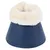 Accessoire pour animal en forme de cône, extérieur bleu aspect cuir, intérieur et rebord en fausse fourrure crème. Aucun texte ou marque visible.