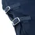 Close-up van twee blauwe riemen met zilverkleurige metalen gespen op donkerblauw textiel.