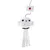 Fabric toy in the shape of a white owl with black eyes and silver ribbons, attached to a fabric letter with a red seal.