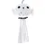 White plush toy in owl shape with black eyes, silver stripes and hanging ribbons. Suitable as cat toy.