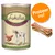 Blik Lukullus Naturkost für Hunde, Geflügel & Lamm, 400 g. Afbeelding van kip en lam op het etiket. Oranje cirkel met tekst 'Probeer nu!'. Twee kauwbotten zichtbaar. Blik Lukullus Naturkost für Hunde, Geflügel & Lamm, 400 g. Afbeelding van kip en lam op het etiket. Oranje cirkel met tekst 'Probeer nu!'. Twee kauwbotten zichtbaar.