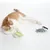 Chat roux et blanc allongé avec trois jouets en peluche : un macaron vert, un crabe gris et une souris blanche et noire visibles sur fond blanc.