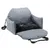 Grey car seat with black padding, safety belt and fastening straps for pets. Suitable for transport in the car.