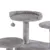 Grey scratching post with three levels, padded lying surface and hanging play ball.