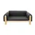 Holzrahmen-Sofa mit dunkelgrauem Stoffbezug, rechteckige Form und gepolsterte Seitenlehnen.