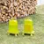 Two green feeders with handles, one filled with water and the other with grains, on grass in front of a stack of wood.
