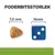 Jämförelse av foderbitsstorlek: Krokett med 7,5 mm bredvid en kub med 16 mm. Rubrik: Foderbitsstorlek. Jämförelse av foderbitsstorlek: Krokett med 7,5 mm bredvid en kub med 16 mm. Rubrik: Foderbitsstorlek.