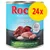 Rocco Junior dåse 800 g, 24x. Poultry with venison & rice. Supports healthy growth. Billede af kød og ris på etiketten. Synlig tekst også på tysk, fransk og engelsk.