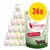 Feringa kattmat, 24-pack à 85 g. Synliga smaker: Kanin & kalkon med havtorn och kattmynta. Förpackningar i olika färger staplade i pyramid. Stor gul cirkel med texten 24x.