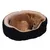 Brun hund ligger i en oval, sort hundeseng med beige indvendigt for.