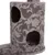 Arbre à chat cylindrique recouvert de tissu gris à motif floral, avec deux ouvertures rondes visibles sur le côté.
