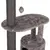 Arbre à chat gris avec poteau en sisal, plateforme recouverte de tissu doux et jouet suspendu en peluche. Partie inférieure cylindrique avec ouverture visible.