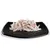 Striped pieces of white meat on a black plate, presented as a product description.