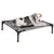 Raised grey pet bed with sturdy black metal legs and breathable lying surface.