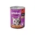 Whiskas konzerva za mačke z govedino v omaki, 100% reciklirana, vijolična embalaža s sliko sive mačke in skledo hrane.