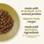 Dry food with minimum 80% animal protein, grain free recipe, made with natural ingredients and added vitamins and minerals, as shown in the image text.