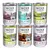 Seis latas de comida húmida para cães Wolf of Wilderness 400 g: Wild Hills, Arctic Spirit, Green Fields, Oak Woods. Texto visível: 100% grain-free.
