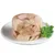 Jelly with tender meat pieces on a white plate, garnished with fresh green herbs.