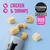 Cosma Pure Love Snackies Duo Flavours, chicken & shrimps. Cat treat pieces shown beside tin with cat silhouette. Pink icons for chicken and shrimp. Text: SNACKIES DUO FLAVOURS.