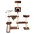 Cat tree with brown plush cover, multiple levels, cave, hammock and sisal scratching surfaces. Cat sitting in the hammock.
