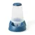 Distributore automatico per cibo o acqua in plastica blu e trasparente, con serbatoio verticale e ciotola integrata alla base.