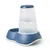 Dispenser per acqua in plastica trasparente e blu, con serbatoio verticale e ciotola integrata alla base.